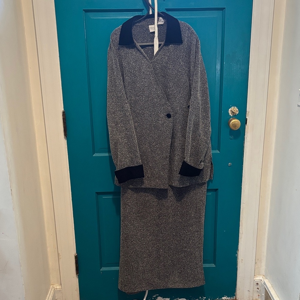 Two Piece Salt and Pepper Textured Wrap Around Skirt Suit with Velvet Accents